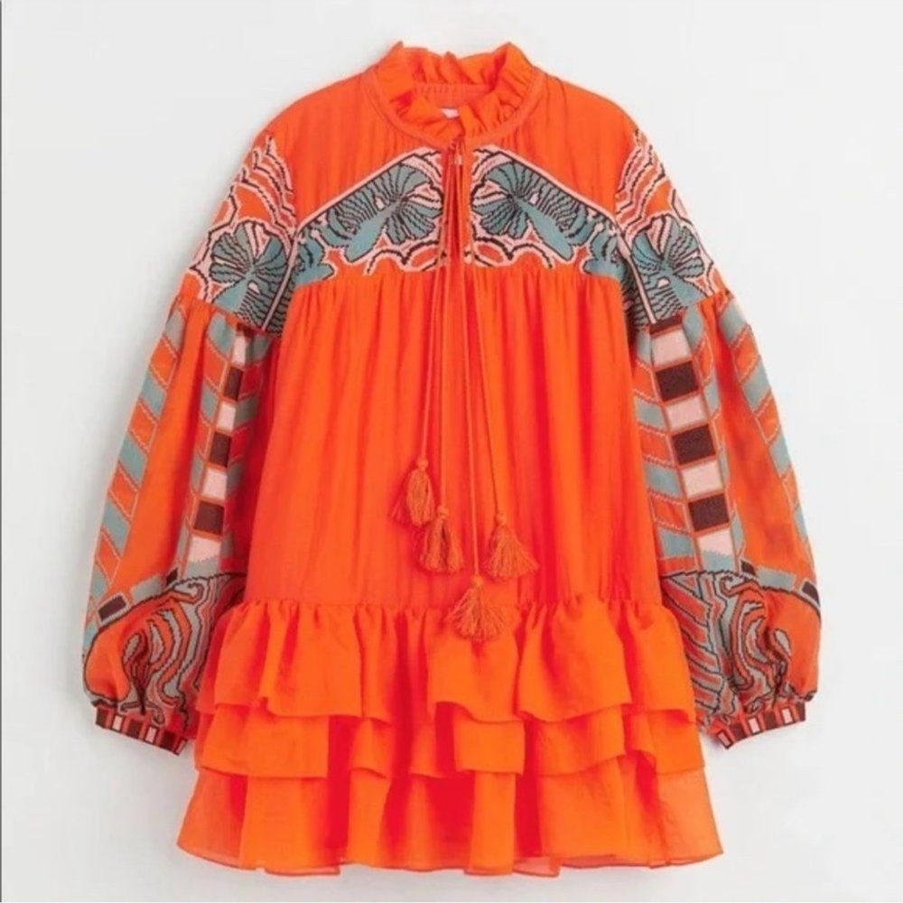 Iris Apfel X H&M Flounce Embroidered Tunic Dress Orange